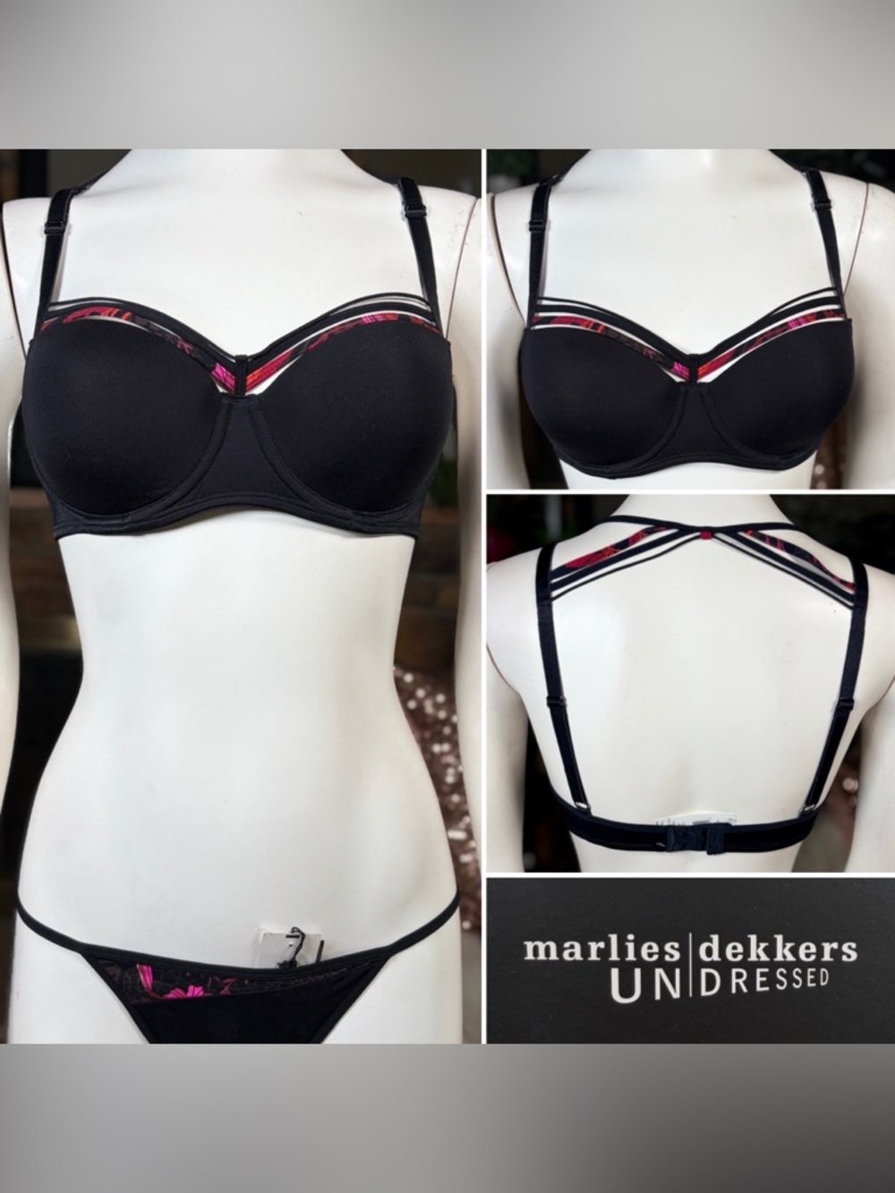 Marlies Dekkars Black & Red Floral Strappy Cage Balconnette Bra, Sz 32C